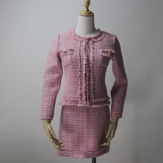 Sample Sale! Women's Pink Tweed Suit / US Size 0-2 / EU 32-34 /UK 4-6 /Jacket + Skirt Suit Graduation Suit, Wedding Guest,  Office Outfit