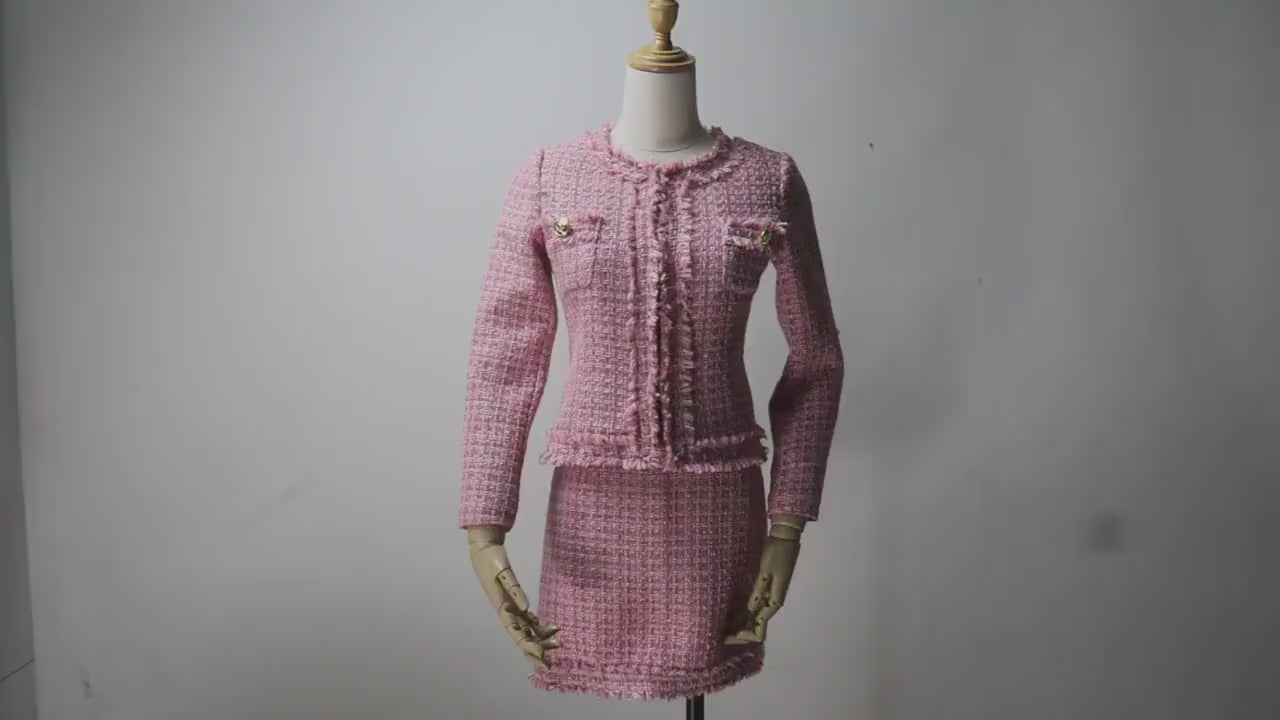 Sample Sale! Women's Pink Tweed Suit / US Size 0-2 / EU 32-34 /UK 4-6 /Jacket + Skirt Suit Graduation Suit, Wedding Guest,  Office Outfit