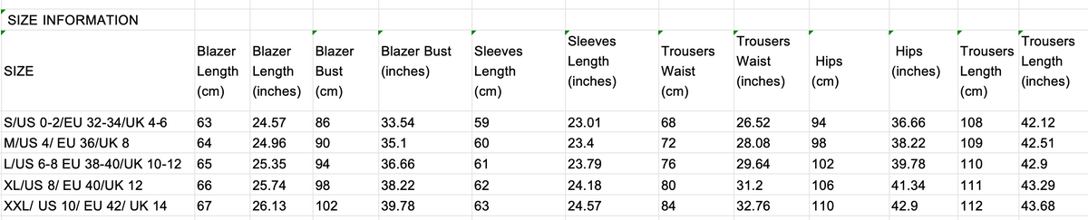 A sizing information chart for men's casual trousers, showing measurements for sizes SXS/US 2-0/26-32/36-42 UK 4-6 up to XXL/XXL EU 40/42 UK 12-14. The chart lists dimensions for blazers, blazer bust, sleeves, trousers, waist, and hips.