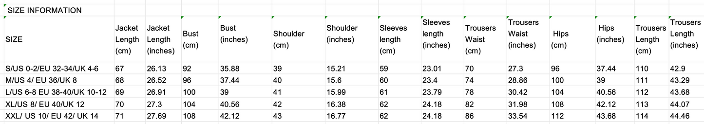 Table with size information for a jacket including measurements in centimeters.