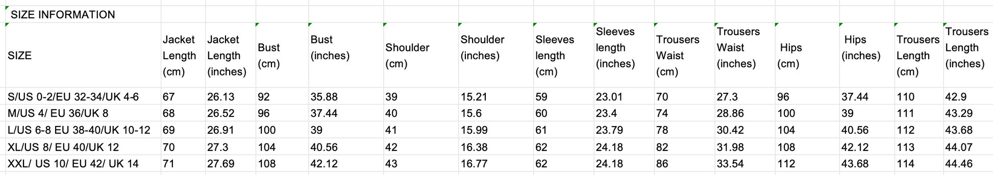 Table with size information for a jacket including measurements in centimeters.