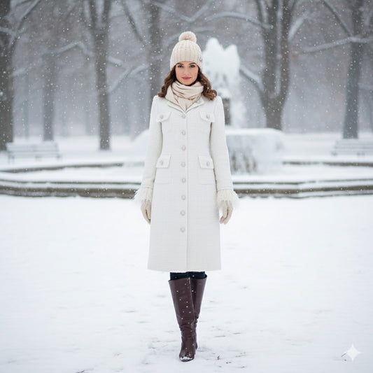 White tweed knee-length coat with feather cuffs, worn by a woman in a snowy outdoor park setting. Custom made, elegant winter outerwear.