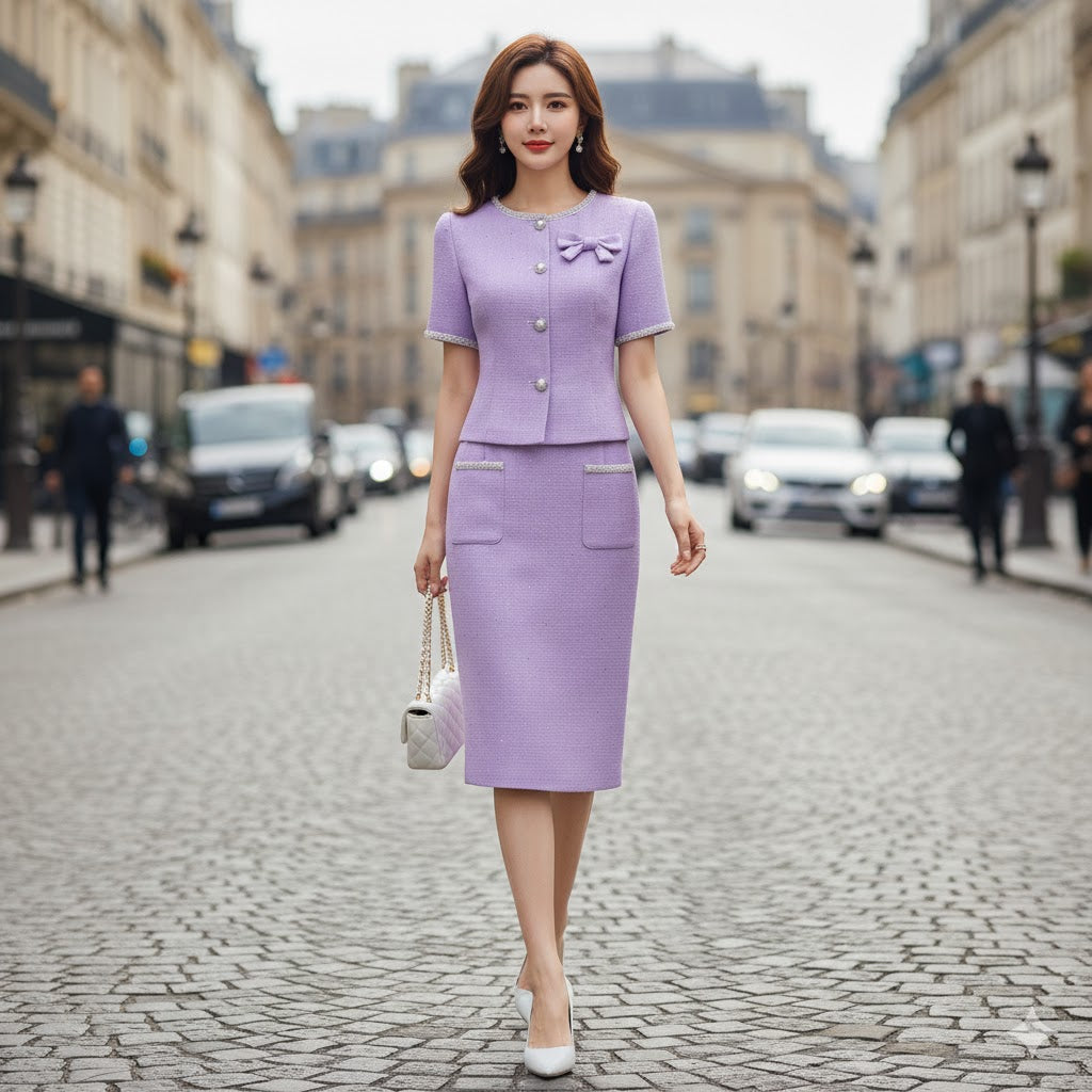 Custom-made lilac tweed suit for women. Elegant two-piece set featuring a short-sleeve, jacket with bow and sparkle buttons, paired with a matching knee-length pencil skirt with trimmed pockets. Made-to-measure tailoring, perfect for Mother of the Bride, professional business wear, or formal occasions.