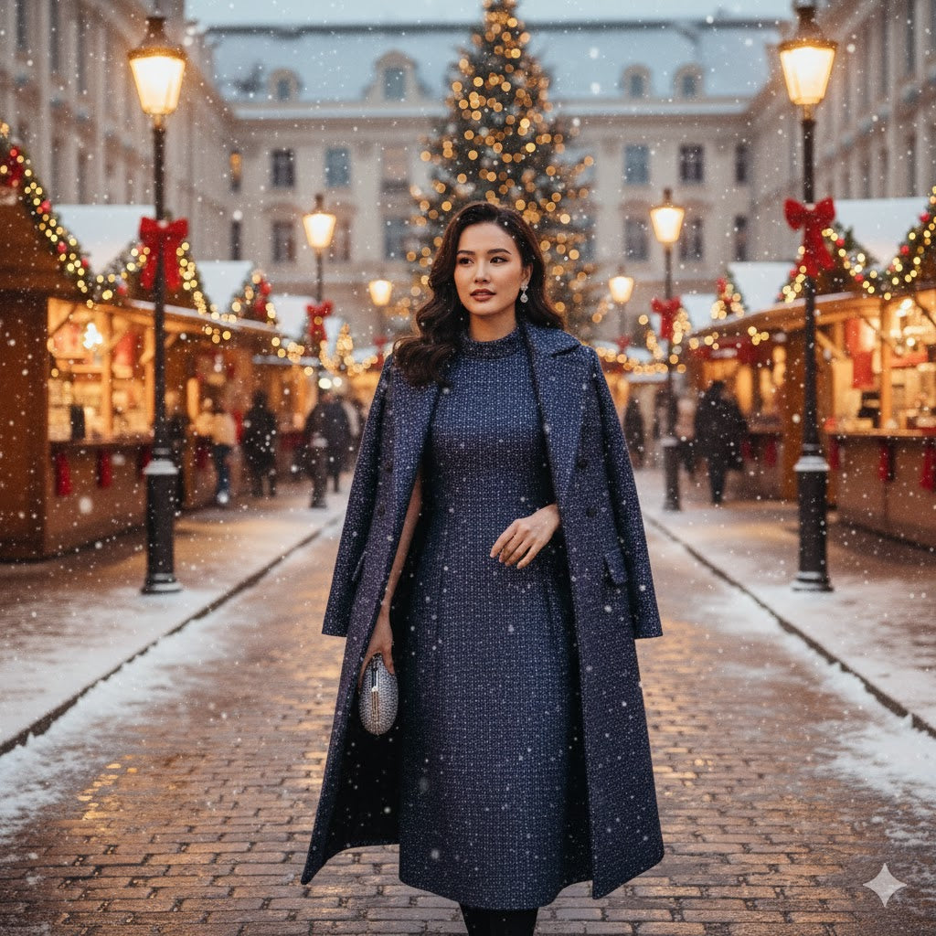 Elegant woman wearing a custom navy blue sparkly tweed coat in a snowy European Christmas market, long tailored winter coat, luxury holiday fashion, evening wear.