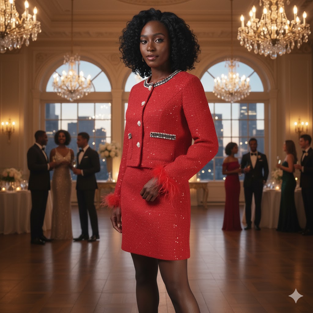 Woman in a red dress standing in an elegant ballroom with chandeliers and people in formal attire.