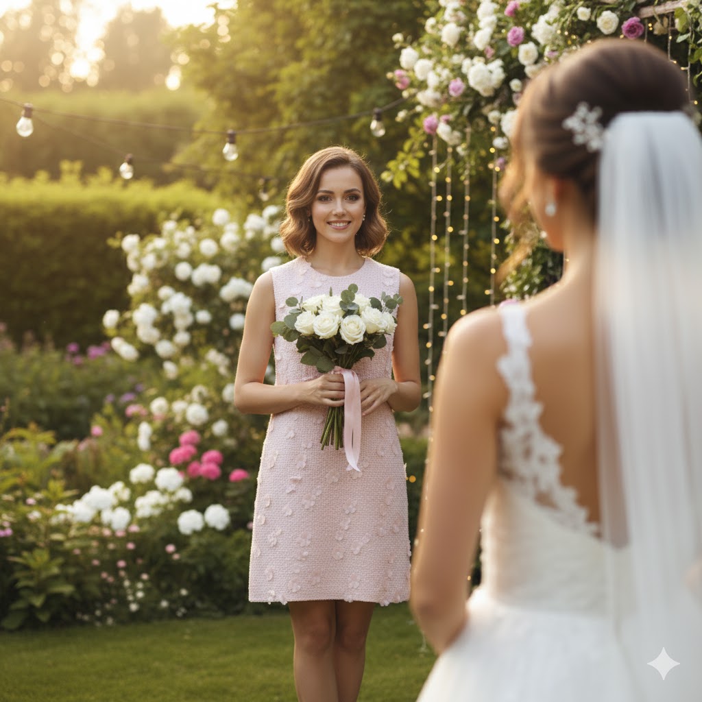 Stunning bridesmaid in a custom-made light pink textured floral dress, holding white rose bouquet, perfect for elegant garden weddings.