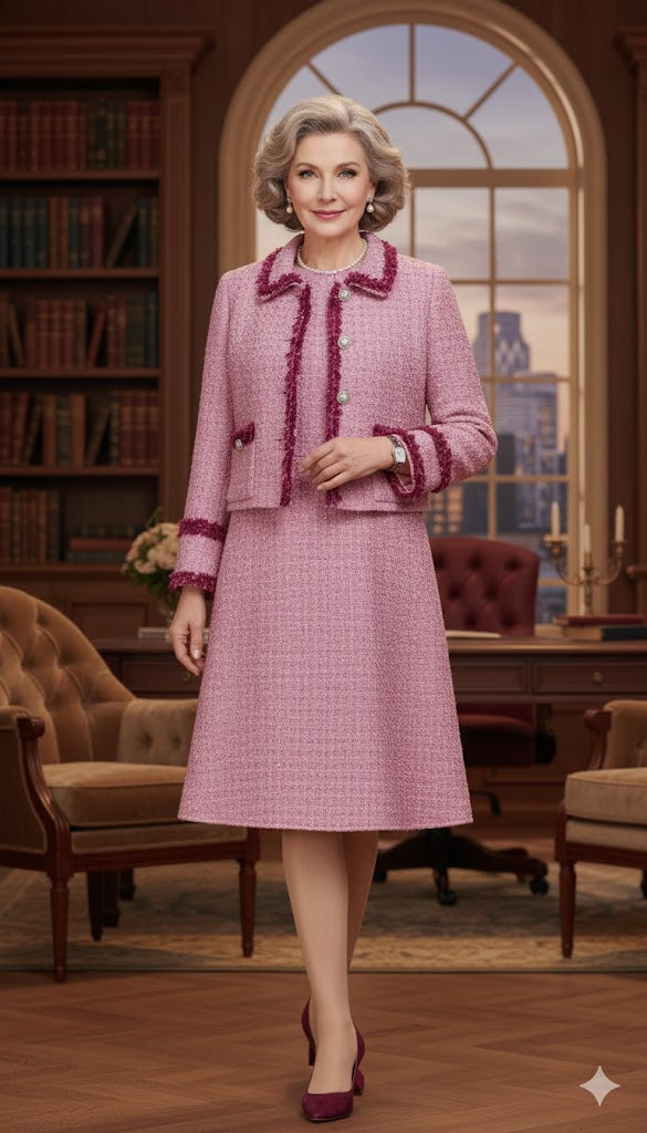 Handmade pink tweed skirt suit inspired by a vintage wizard professor style, featuring pearl buttons, matching jacket and skirt, perfect for cosplay or vintage costume fashion.