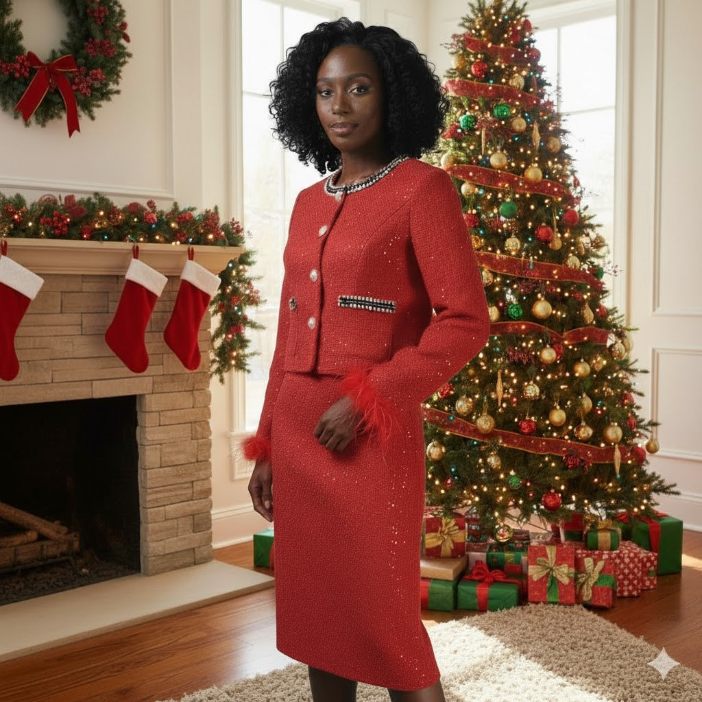Woman in a red midi skirt suit standing in a festively decorated room with Christmas tree and fireplace.