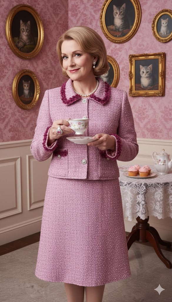 Handmade pink tweed skirt suit inspired by a vintage wizard professor style, featuring pearl buttons, matching jacket and skirt, perfect for cosplay or vintage costume fashion.