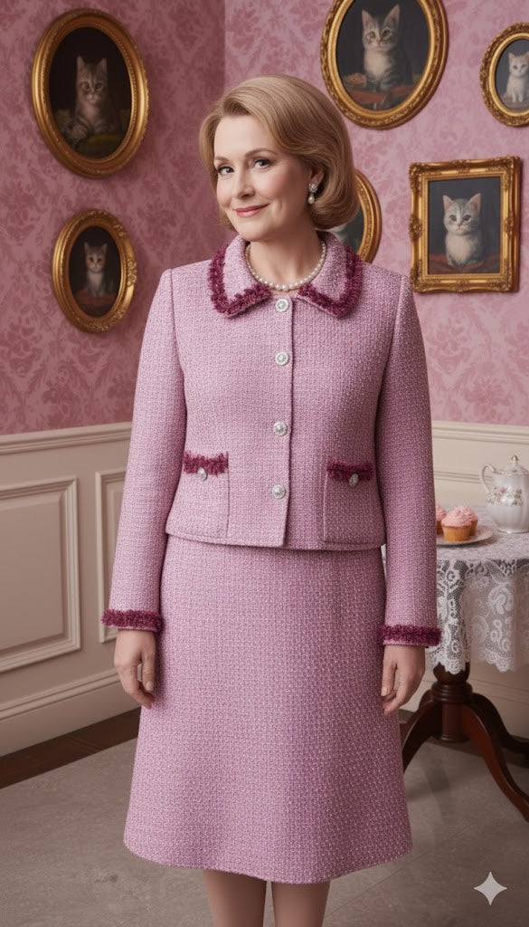 Handmade pink tweed skirt suit inspired by a vintage wizard professor style, featuring pearl buttons, matching jacket and skirt, perfect for cosplay or vintage costume fashion.