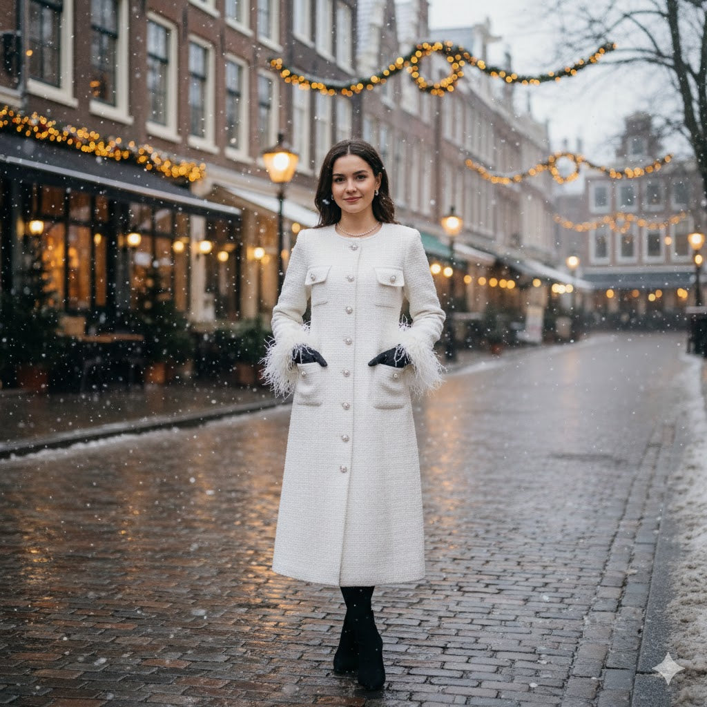 Luxurious Custom Tweed White Overcoat - Made-to-Measure Winter Jacket, Feather Trim, All Sizes and Any Length