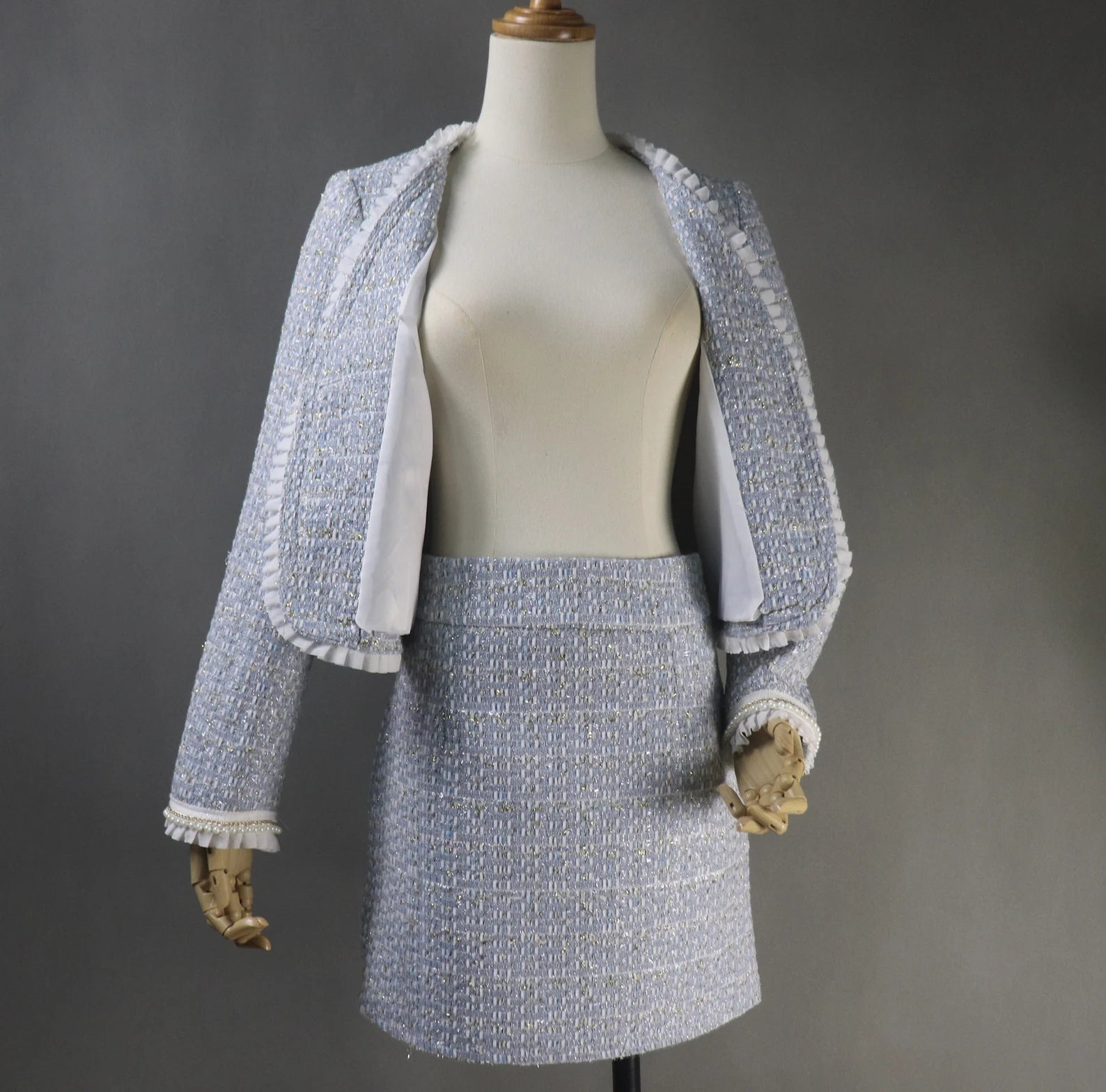 Ladies Blue Hand Made Custom Made Pearl Ruffle Trim Tweed Blazer + Skirt / Shorts Suit (10% discount)  "More Than 10% Additional Discount when you buy both  Jacket  +Skirt or Jacket + Shorts"   UK CUSTOMER SERVICE! Women Custom  Blue Hand Made Custom Made Pearl Ruffle Trim Tweed Blazer + Skirt / Shorts Suit (more than 10% discount) - It is critical that you know your waist ,hip and bust measurements; please do not guess your size based on other clothes you wear.