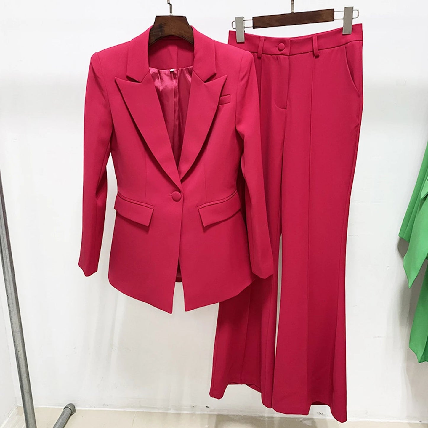 FashionPioneer - Red Pink Blazer Trouser Suit Set for Women ,We've got you covered from head to toe with this season's ideal pair of size trousers. This style is figure flattering, functional, and an essential addition to your new-season wardrobe. It is made with extra fabric to ensure a perfect fit. Combine plus size wide leg trousers with a lace bodysuit and barely-there heels for a look that will not go unnoticed.