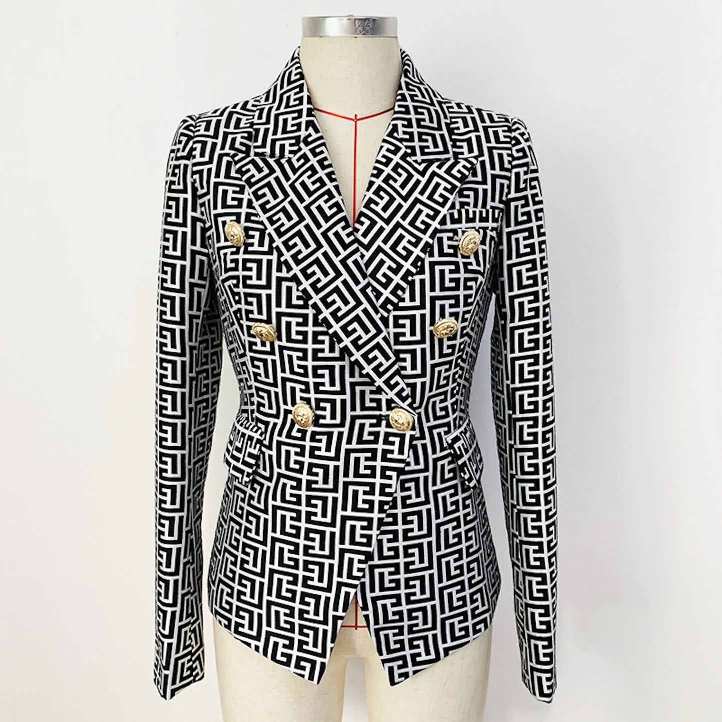 Women's Golden Lion Buttons Maze Pattern Fitted Blazer Jacket  UK CUSTOMER SERVICE! Fashion Pioneer - Women's Golden Lion Buttons Maze Pattern Fitted Blazer Jacket , Soft, light and stretchy. This jacket comes with a full lining, soft and comfortable to Wear. Material: Polyester ,Slim fit and long Sleeves with buttons and two pockets. Great for casual, formal, business wear and other special events.