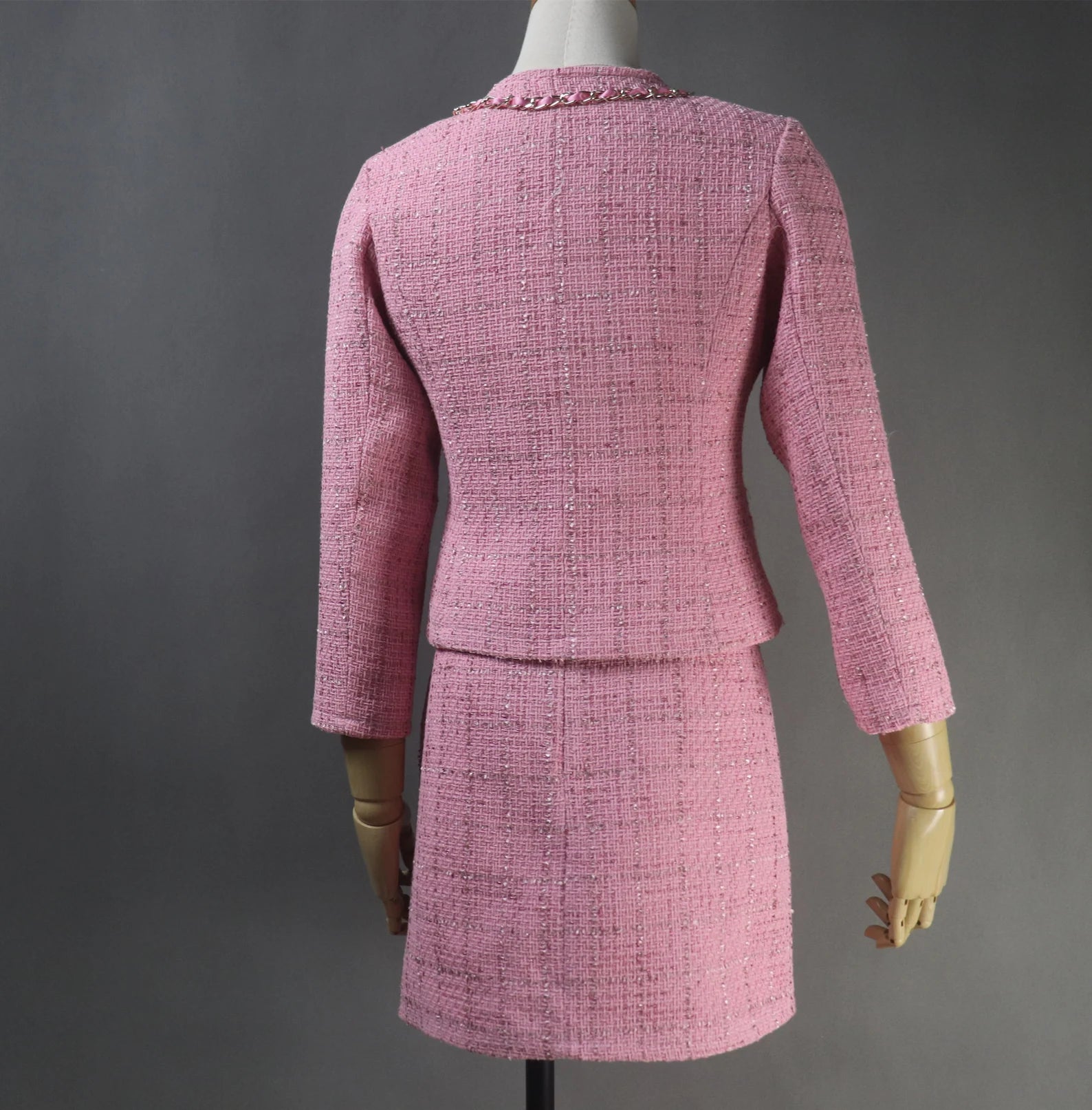 Luxuries Ladies Hand Made Custom Made Chain Decoration Pink Tweed Blazer(10% discount)  "More Than 10% Additional Discount when you buy both  Jacket  +Skirt or Jacket + Shorts"   UK CUSTOMER SERVICE! Women Custom  Blue Hand Made Custom Made Pearl Ruffle Trim Tweed Blazer + Skirt / Shorts Suit (more than 10% discount) -Make an impression with a timeless tweed suit, whether for a wedding, the Office interview, graduation, Inauguration or a new job.
