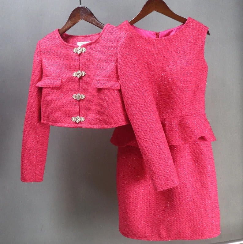 Custom Tailored Women Tweed Ruffle Dress Hot Pink Custom Tailored Women Tweed Ruffle Dress Hot Pink