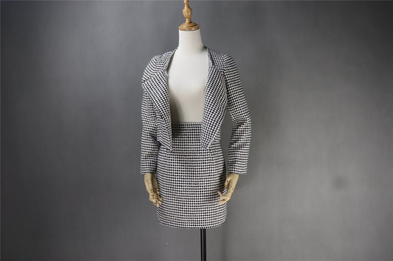 Custom Made Tweed Squire Neck Small Check Blazer + Skirt Suit