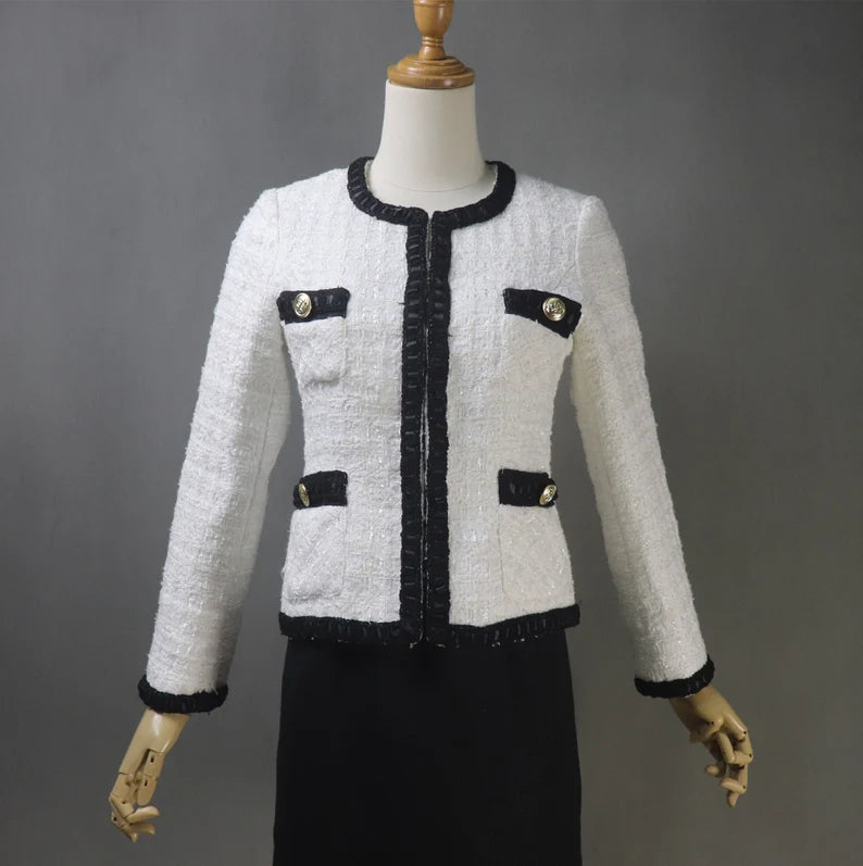 Custom Made Tailor Hand Made Black Trim White Tweed Blazer Coat+ Skirt / Dress Suit