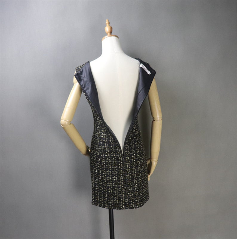 Tweed Sheath Dress + Blazer Coat in Black Golden Checked Pattern, suitable for winter, parties, nights out, ceremonies, inaugurations, and official occasions. Dresses go well with any sort of coat, jacket, or cardigan. Blazer with a great neck shape and front pocket. Our tailor will manufacture suits with or without pockets, long sleeves, half sleeves, or sleeveless according to the customer's specifications.