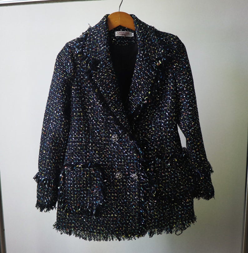 Womens Designer Inspired CUSTOM MADE Tassel Sequined Tweed Jacket Coat Blazer