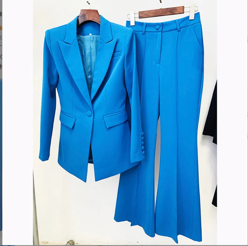 Women's Blue One-Button Blazer with Mid-High Rise Flare Pantsuit, US Sizes 0 to 14,  Women's casual blazer suits are made from a polyester mixture. Due to its softness and durability, it can be worn all year long. The creation of a really slim-fitting form and the maintenance of an attractive fit are made possible by the employment of stretch fabric weaves.  Accessible Front Buttons suits that have a lapel, long sleeves, a solid colour, a slim cut, and a relaxed demeanour.