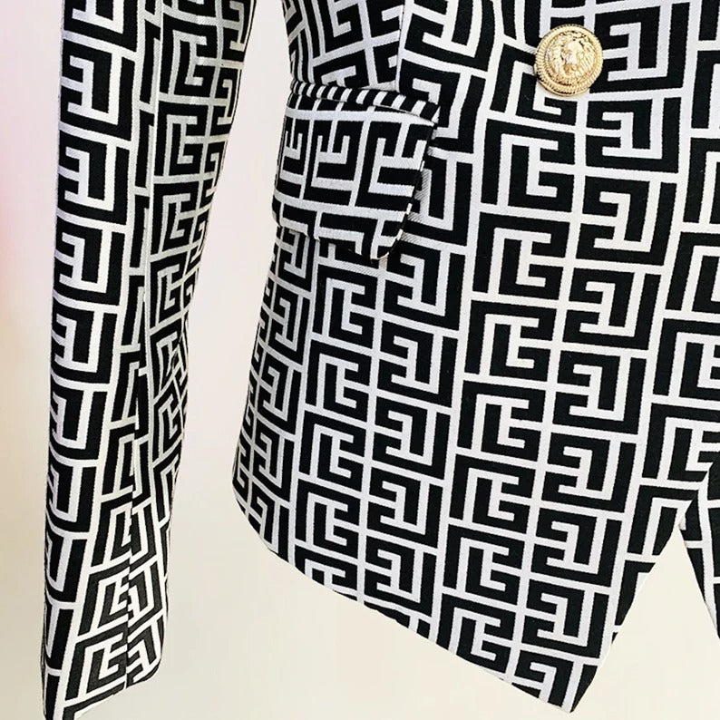 Black Maze Pattern Fitted Blazer Jacket For Women