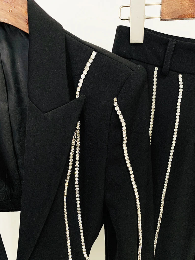 Cut Off Black Blazer Diamonds Decorated Hand Made With FlareTrouser For Womens Party Wear