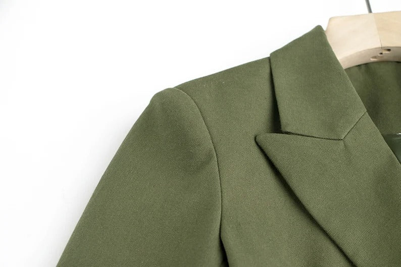 Women's Army Green Blazer Belted Fitted Coat