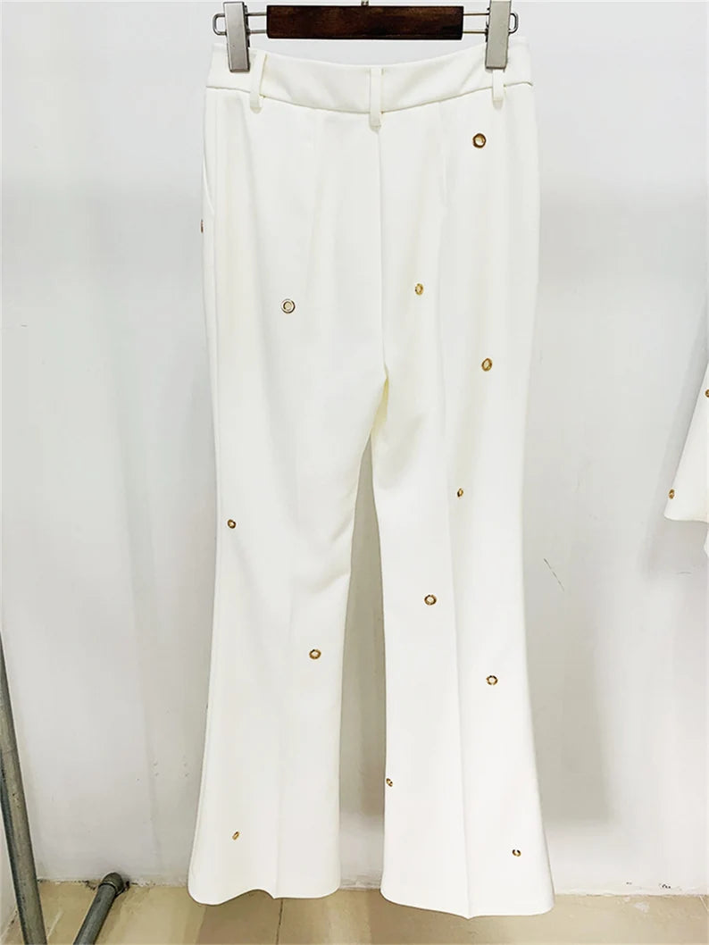 It would also be a great choice for a wedding, as the all-white color scheme is classic and elegant.  For an evening party or other special occasion, this suit would make a statement and show off your sense of style. The mid-high rise flare trousers pants offer comfort and ease of movement, while the blazer adds a touch of sophistication and polish.