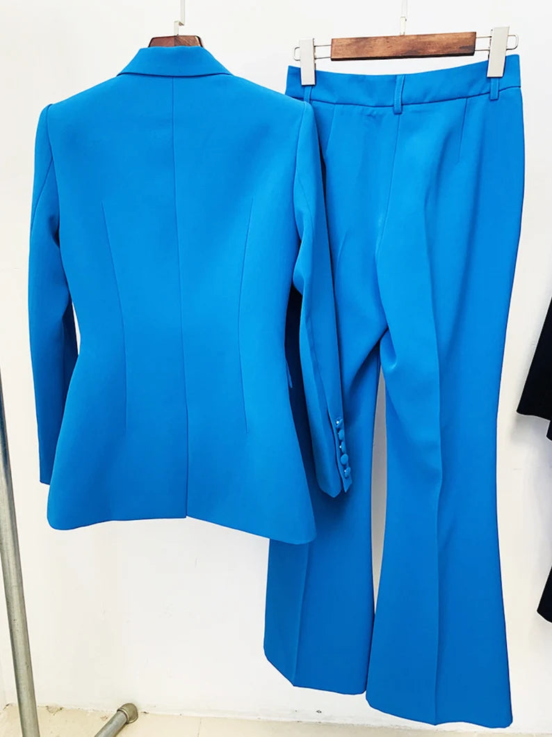 Women's Blue One-Button Blazer with Mid-High Rise Flare Pantsuit, US Sizes 0 to 14,  Women's casual blazer suits are made from a polyester mixture. Due to its softness and durability, it can be worn all year long. The creation of a really slim-fitting form and the maintenance of an attractive fit are made possible by the employment of stretch fabric weaves.  Accessible Front Buttons suits that have a lapel, long sleeves, a solid colour, a slim cut, and a relaxed demeanour.
