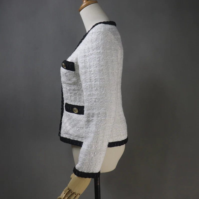 Custom Made Tailor Hand Made Black Trim White Tweed Blazer Coat+ Skirt / Dress Suit