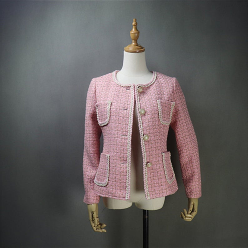 Women Pink Tweed Blazer Sets with Pockets   UK CUSTOMER SERVICE! Women Pink Tweed Blazer Sets with Pockets  -We offer Shorts, Skirts, Trousers for the suit. Long Sleeves with pockets, Dry Cleaning. Tailored Fit With pink tweed Detailing, Perfect For Any Smart Casual Or Formal Occasion.    All items are made to order with very experienced tailors. Please advise your height, weight and body measurements