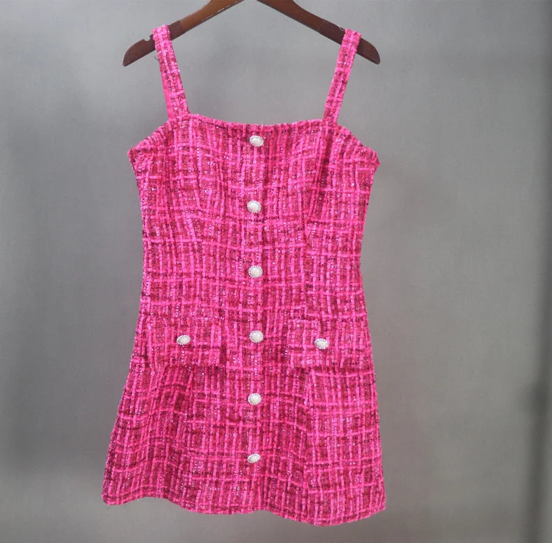 Hand Swen Pearl Buttons Tweed Mini / Knee length Dress Hot Pink Hand Swen Pearl Buttons Tweed Mini / Knee length Dress Hot Pink