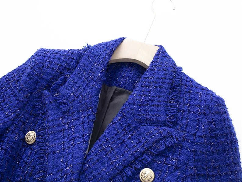 Women Blazer Royal Blue Tassel Fringe Trim Tweed Coat Jacket -This Royal blue women Blazer jacket showcases a fantastic level of attention to detail with double stitching on the sleeves and pockets. Comfortable and stylish, this checked Blazer jacket is perfect for any season. Use it as a lightweight layer with casual pieces and holiday outfits. We also sell Custom Women Blazer ,Military bodycon, and Readymade Blazers UK CUSTOMER SERVICE!   Top Quality Latest Design Quick tracking Delivery