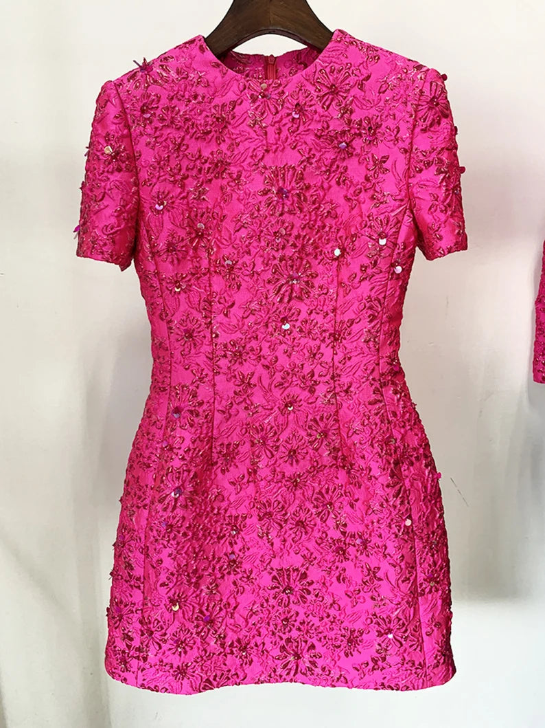 Luxury Hand Made 3D Flowers Embroidery Blazer / Short Mini Dress Hot Pink for Girls