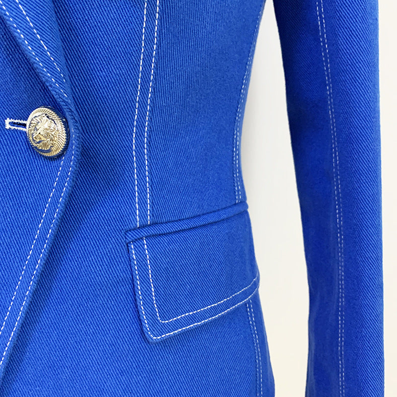 Women  Classic  Denim Slim Fitting Silver Lion Buttons Blazer Jacket