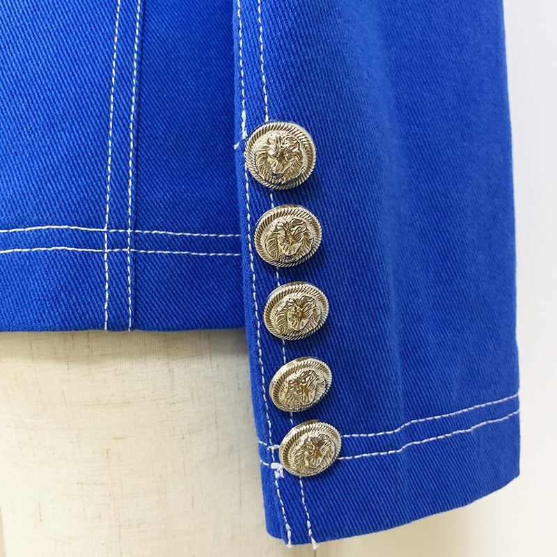 Women Classic Denim Slim Fitting Silver Lion Buttons Blazer Jacket