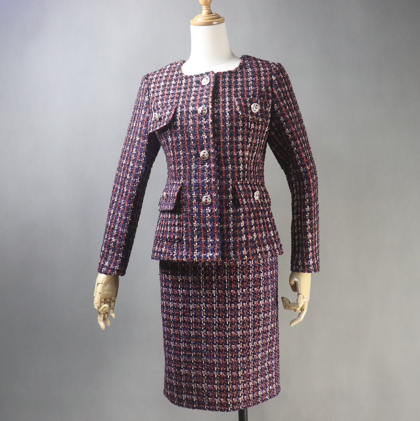 Tailored Women's Dark Red Checked Jacket Coat with Skirt  UK CUSTOMER SERVICE!   Tailored Women's Dark Red Checked Jacket Coat with Skirt-  Red checked suits with pant and jeans. Designed with front pocket and silver buttons. Tweed fabric. Dry clean and no machine wash. Can worn for ceremony, college Inauguration , Party, Night Out and Evening Friends with Dinner. No Machine washable. We offer Shorts, Skirts, Trousers for the suit. "Black Sheath dress and Jacket was sold separately".