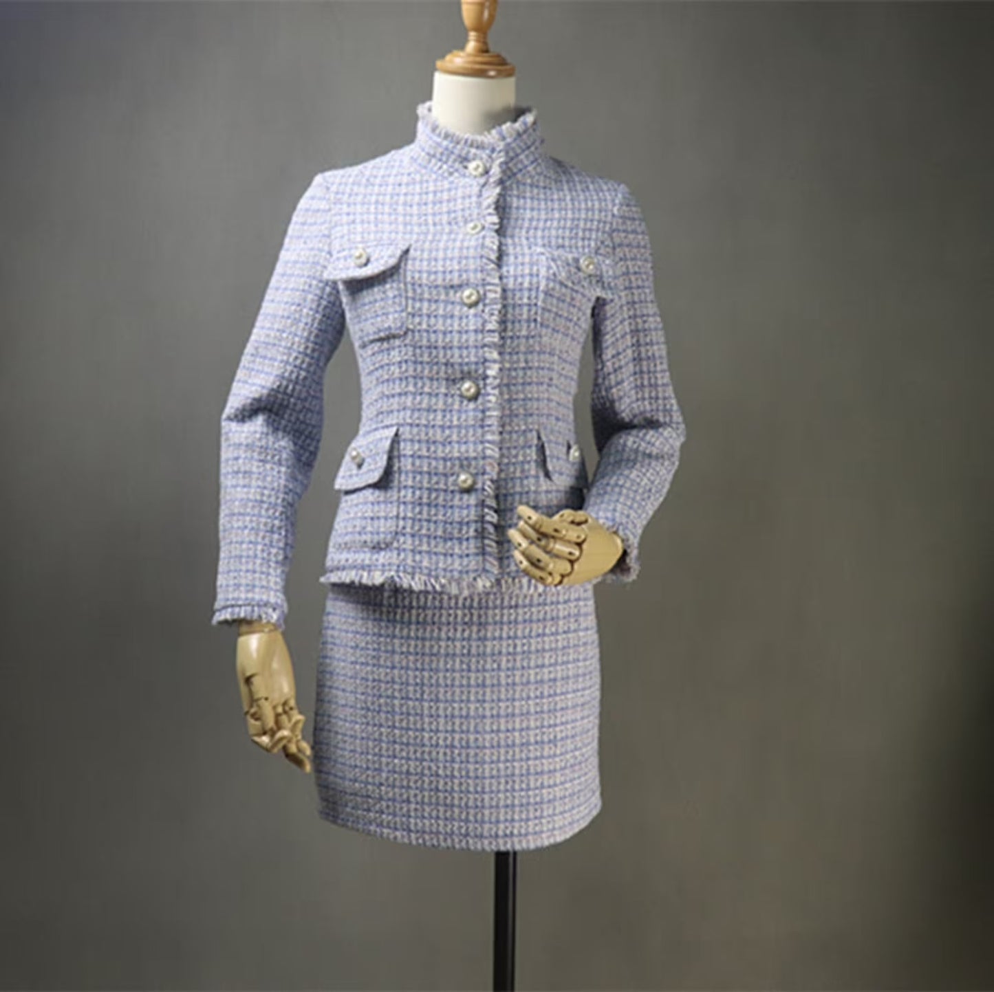 High Neck Pearl Buttons Blue Tweed Suit For Women  UK CUSTOMER SERVICE!   High Neck Pearl Buttons Blue Tweed Suit For Women -   Our tailor will make as per customer requirement like with pocket, sleeveless, without pocket etc. Suit is design with tweed fabric, its unique style and can worn for party, night out, ceremony , inauguration and Functions. Designed with High neck and Pearl Buttons.
