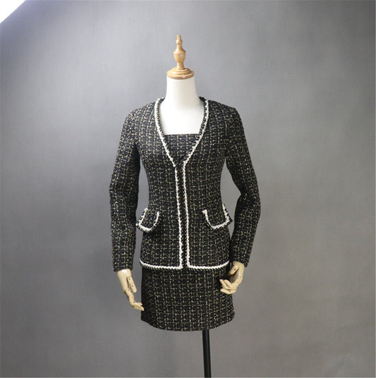 Tweed Sheath Dress + Blazer Coat in Black Golden Checked Pattern, suitable for winter, parties, nights out, ceremonies, inaugurations, and official occasions. Dresses go well with any sort of coat, jacket, or cardigan. Blazer with a great neck shape and front pocket. Our tailor will manufacture suits with or without pockets, long sleeves, half sleeves, or sleeveless according to the customer's specifications.