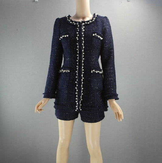 Womens Designer Inspired CUSTOM MADE Pearl Navy Jacket Coat Blazer+Shorts/Skirts