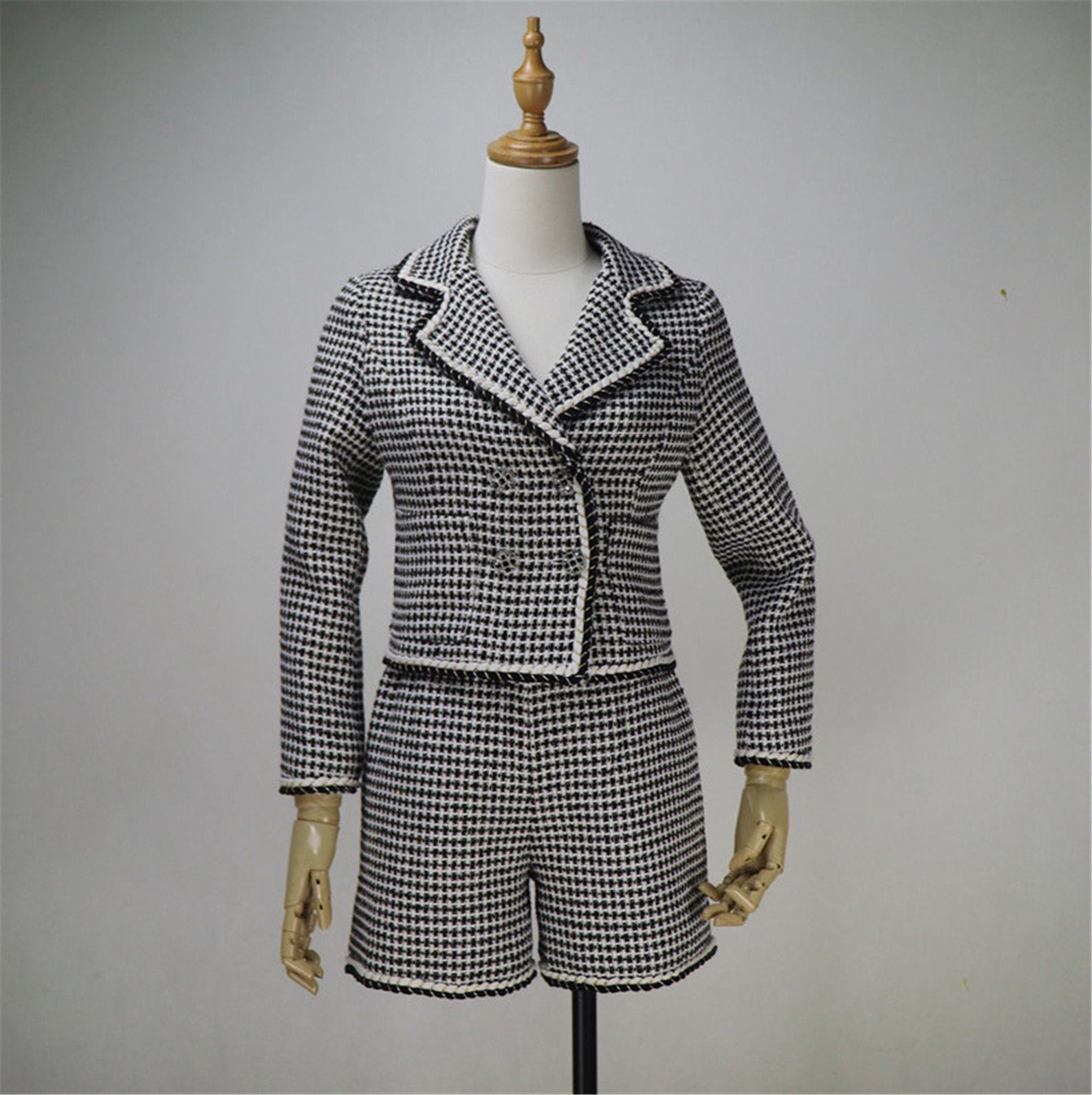 Custom Made Checked Pattern Tweed Crop Blazer + Shorts/Skirt Suit