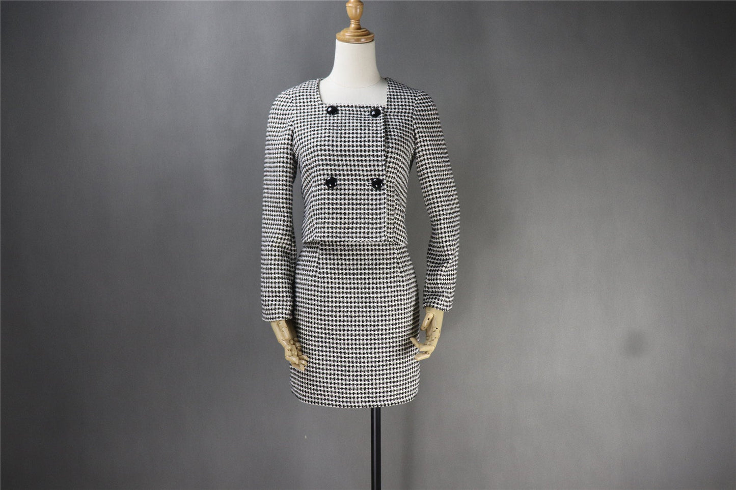 Custom Made Tweed Squire Neck Small Check Blazer + Skirt Suit