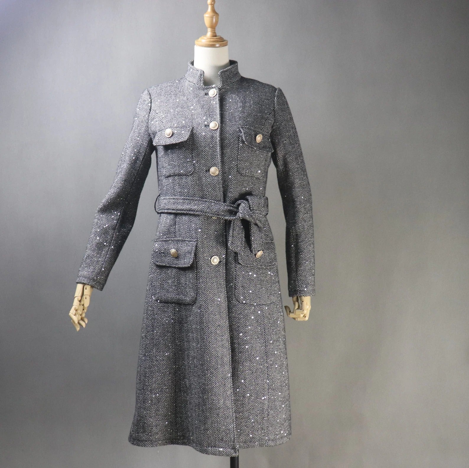 Women's Winter Tailor MADE Sequinned Tweed Belted Long Warm Trench Coat Grey  UK CUSTOMER SERVICE!  Women's Winter Tailor MADE Sequinned Tweed Belted Long Warm Trench Coat Grey- Grey warm coat can wear for Winter season and Autumn season. Feel comfort and elegant.  Sequinned Style Long Sleeves Long belt Front pocket Pearl Button Collar type Neck