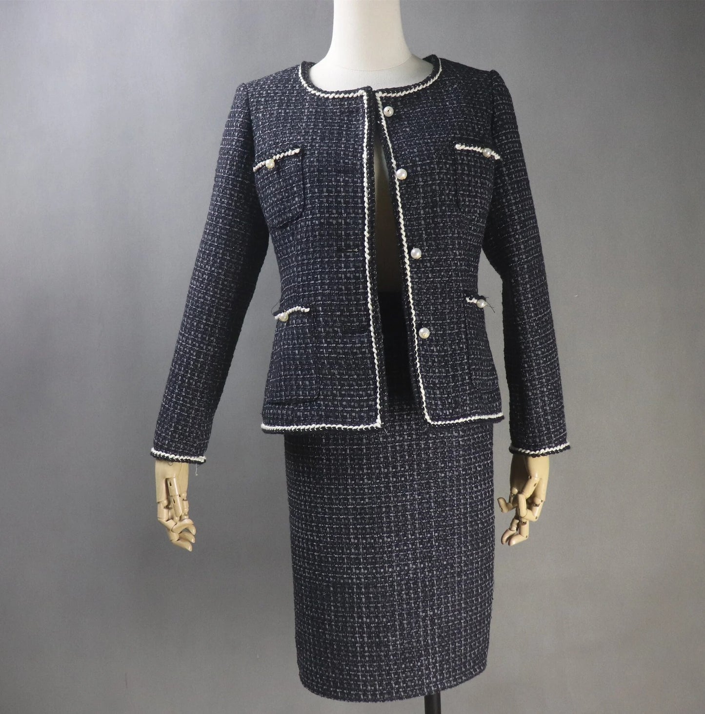 Women Custom Made Tweed Black Jacket + Dress/Shorts/ Pencil Skirt Suit(more than 10% discount) - We are happy to make as per customer size like Oversized, Plus Size, Extra Size, Perfect body measure ,Small size ,Large size. Our tailor will make perfect Tweed fabric for you. This is all season dress, can wear for outside, weddings , ceremony, Events and functions.
