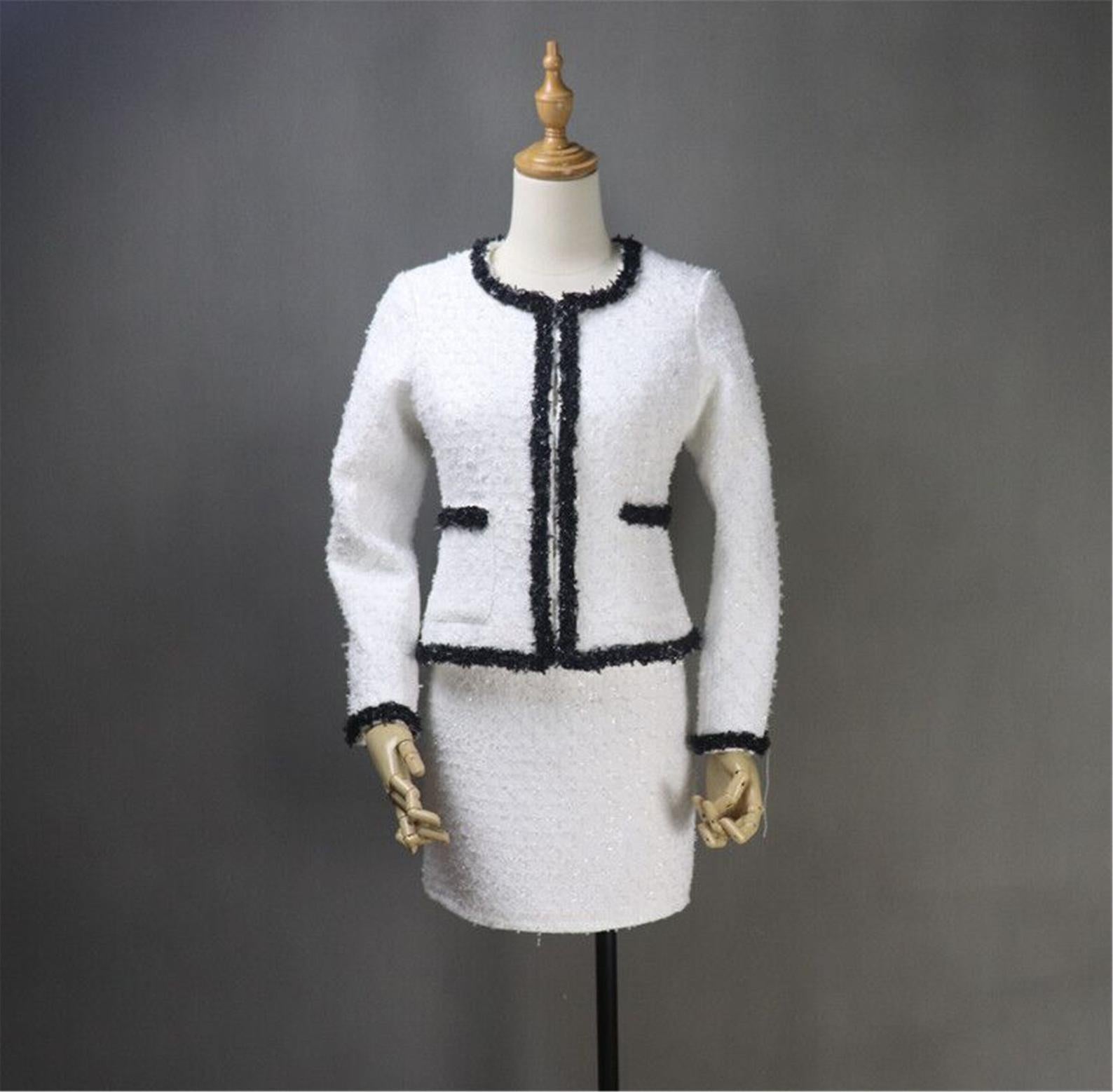 Women Custom Made Classic Black Trim White Tweed Skirt / Shorts Formal Suit
