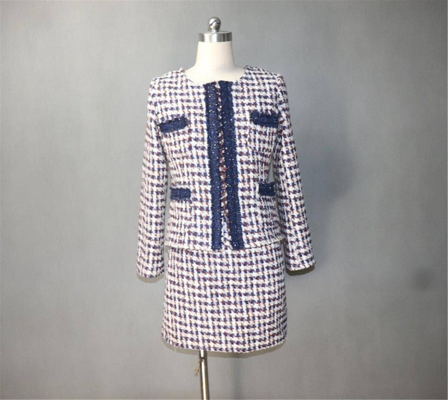 Womens Designer Inspired Custom Made Tweed Houndstooth Blazer + Skirt Suit