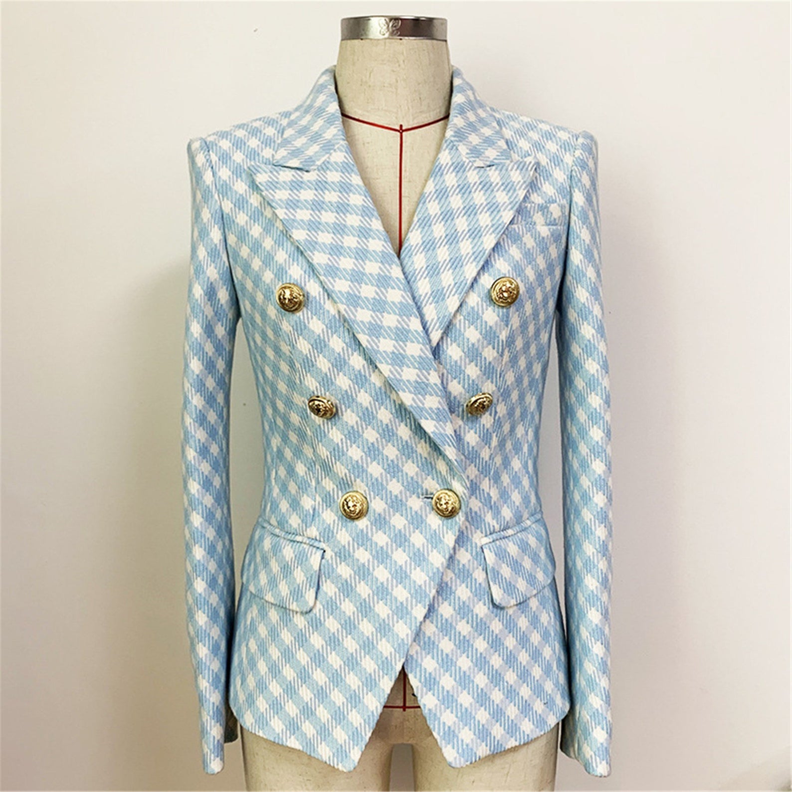 Women's Blazer Blue Checked Fitted Golden Lion Buttons Luxury   Quick International Service!  Blazer Blue Checked Fitted Golden Lion Buttons Luxury ,can wear it for College Inaugurations, Ceremony and Official use. The comfort of our ladies tailored suits are unsurpassed, as is the confidence it can provide its wearer in knowing that they are looking at their absolute best.  Size: UK 4-14/ EU 32-42/ US 0-10