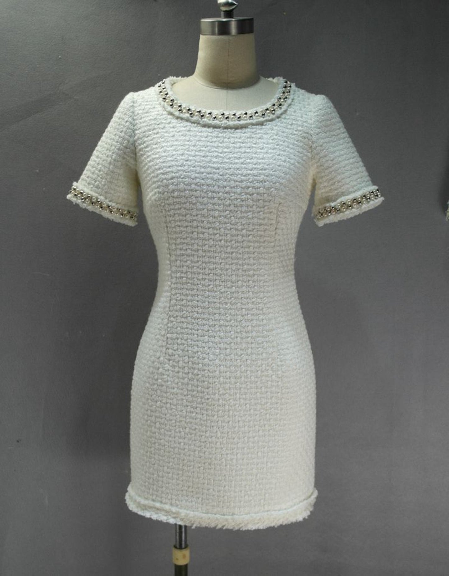 Sheath Custom Made Pearls White WOOL Tweed Dress  UK CUSTOMER SERVICE! Sheath Custom Made Pearls White WOOL Tweed Dress - Round neck and arm with gold and pearl button designed. Knee Length Sheath Dress. Our tailor will make sharp body measurement and look perfect fit. You will love this casual sheath dress! It's a must-have piece in your wardrobe with its simple silhouette and slight A-line shape.