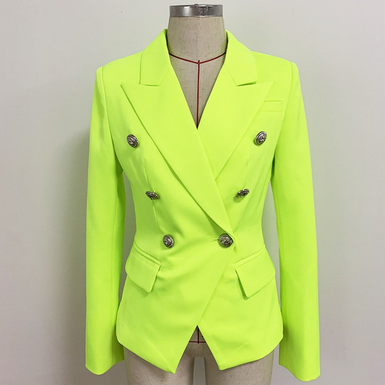 Women's Fitted Silver Lion Buttons Fitted Jacket Blazer Neon Yellow- Soft, light and stretchy. This jacket comes with a full lining, soft and comfortable to Wear. Slim fit and long Sleeves with buttons ,Belted and two pockets. Great for casual, formal, business wear and other special events. Whether for a casual or a professional look, this suit blazer definitely makes you stunning.